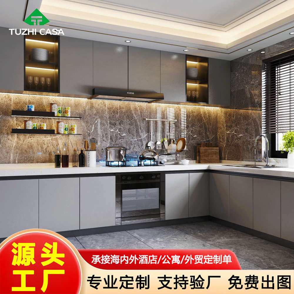 整体厨房大理石一体橱柜石英石台面厨子房水槽租房家用灶台柜