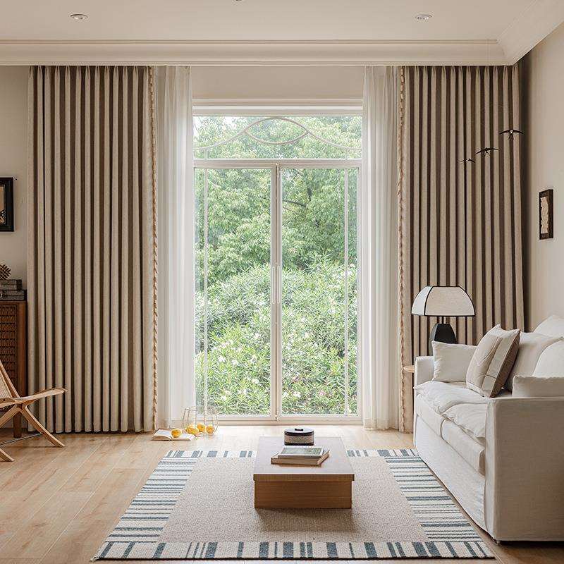 2025新款麻神理工雪尼尔麻黑金遮光中古风原木风简约窗帘卧室阳台