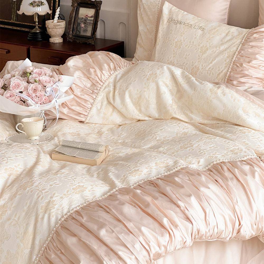 法式公主风澳棉纯棉四件套复古蕾丝刺绣全棉被套床上用品