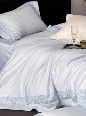 轻奢100S长绒棉高密度纯棉四件套四季通用柔裸睡蓝色床单被套床品