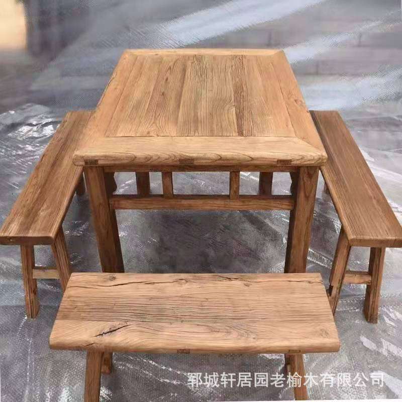 老榆木白茬桌子风化文理老门板餐桌茶桌饭店酒店用桌长方形餐桌
