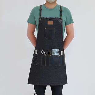 跨境围裙工作牛仔时尚理发师男女工作服发型师烫染师美发师工作服