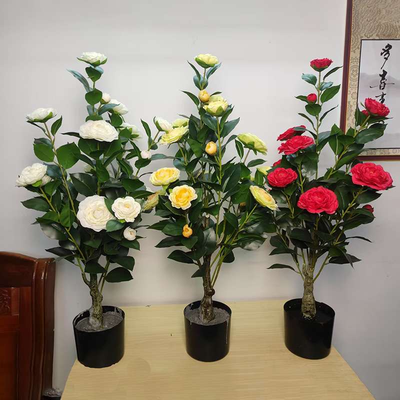 仿真茶花树山茶花人造绿植盆栽家居装饰落地 摆件室内轻奢仿真花