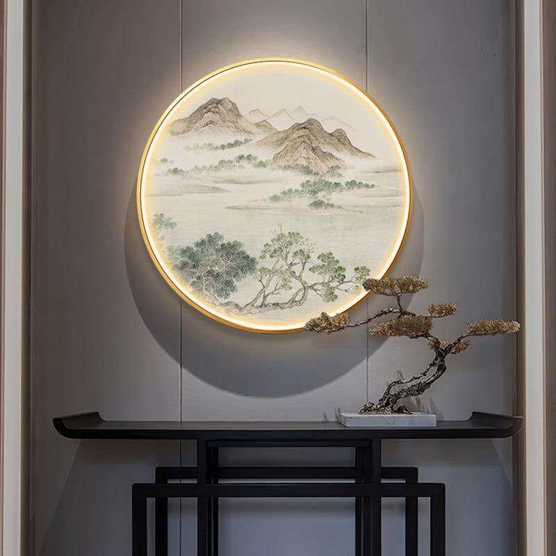 山水新中式禅意风景玄关装饰画发光LED氛围灯画国画书房挂画圆形