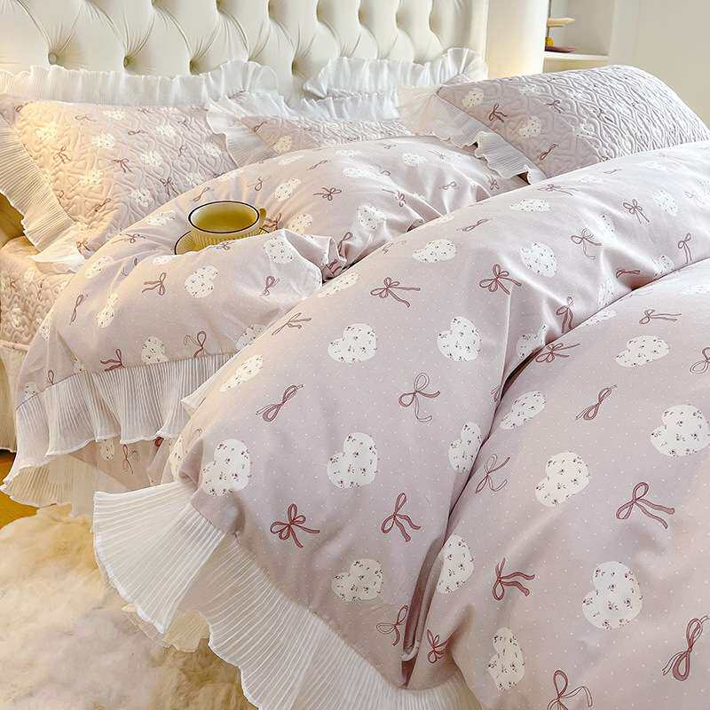 全棉蕾丝花边床盖4件套a类韩版公主风浪漫印花不透不滑夹棉单被套