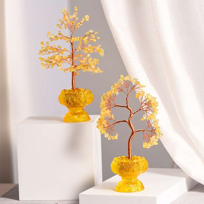 天然水晶树八吉祥琉璃底摆件黄水晶树家居创意办公装饰工艺品