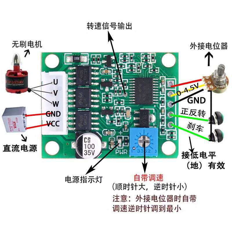 BLDC三相直流无刷有霍尔驱动 DC12V24V电机调速马达控制器 100W