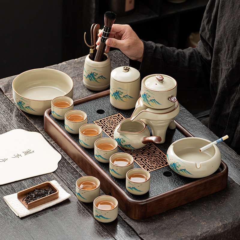 黄汝崇山峻岭自动茶具汝窑开片整套茶盘家用功夫懒人石磨泡茶神器