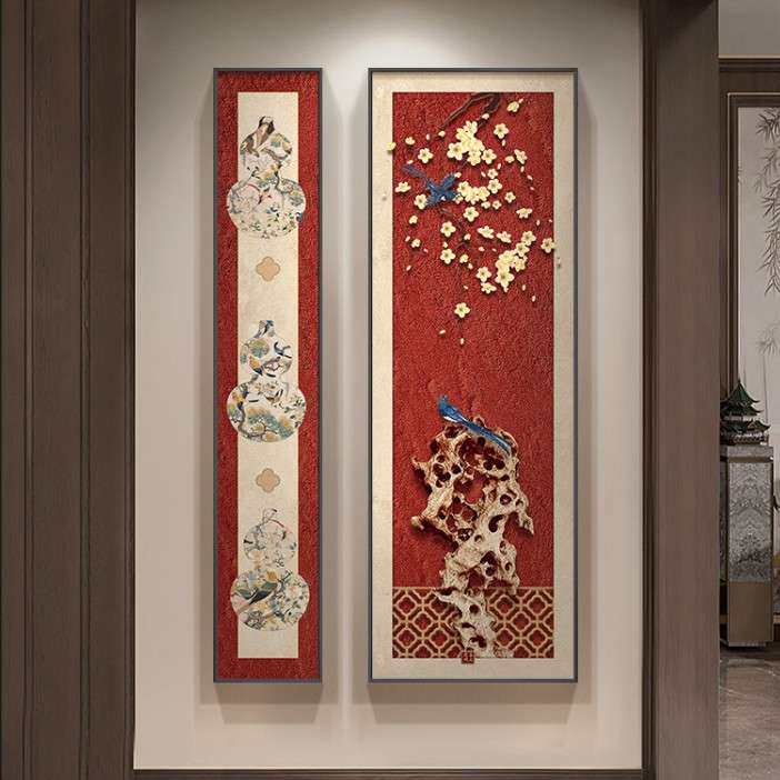 喜上眉梢玄关装饰画寓意好花鸟新中式挂画葫芦走廊尽头壁画两联画