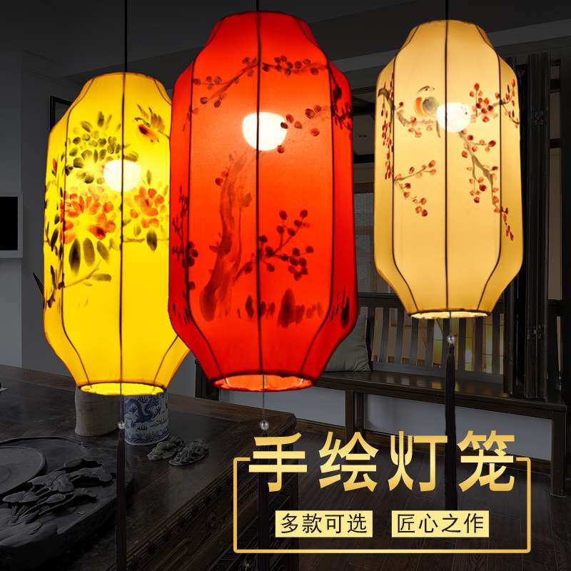 中式布艺吊灯笼古典手绘中国风冬瓜长形饭店餐厅商场婚礼吊挂灯笼