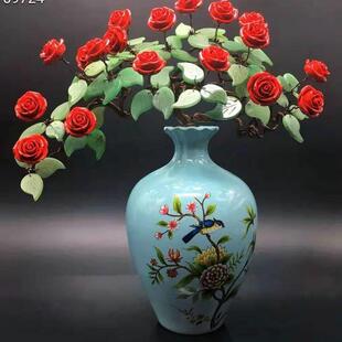 居家摆件朱砂红玫瑰 朱砂仿真玫瑰花客厅花瓶摆放装饰