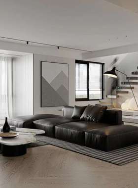 男友力黑色超纤皮沙发 双面坐中间大客厅方块沙发脚踏贵妃位组合