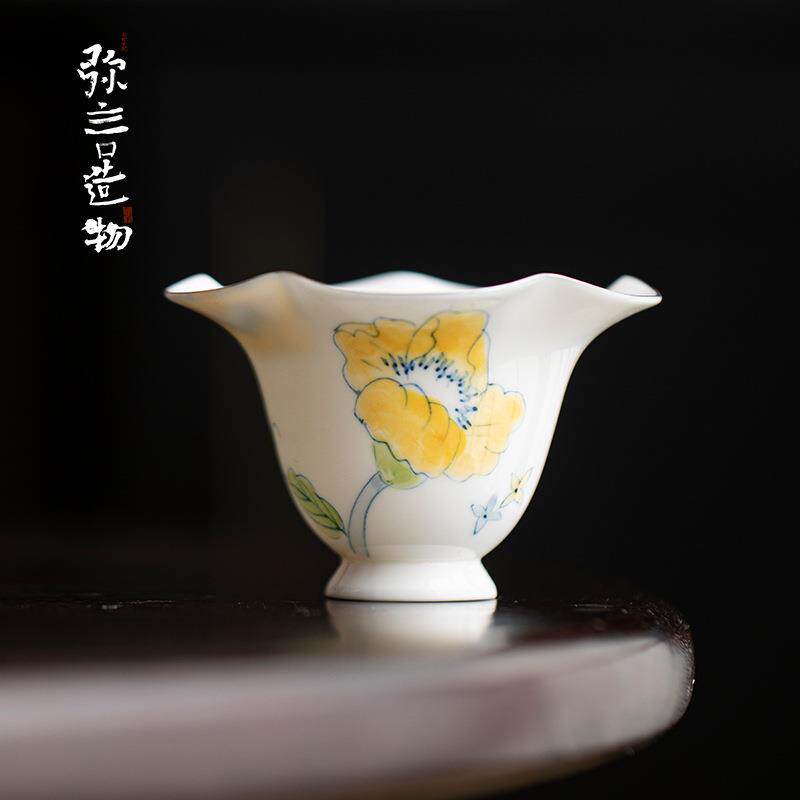 弥言纯手工白瓷花口茶杯手绘牵牛花大号主人杯家用品茗杯单杯现代