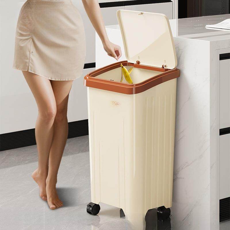 按压弹盖垃圾桶家用厨房夹缝大号大口径带轮滑移动筒台州塑料方形