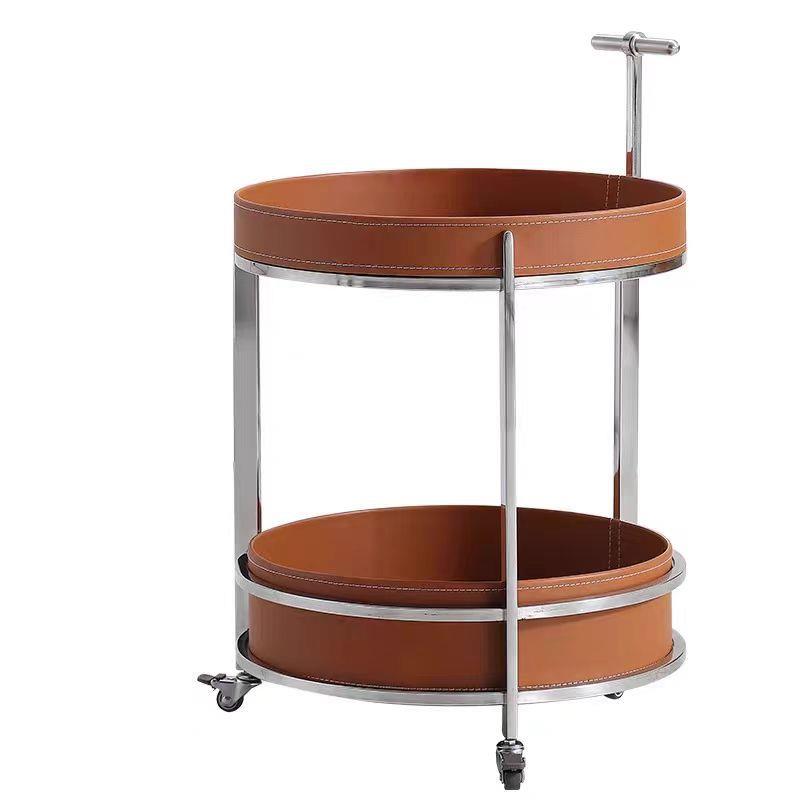 意式现代极简可以移动上下层储物马鞍皮不锈钢碳素钢圆形茶几边几