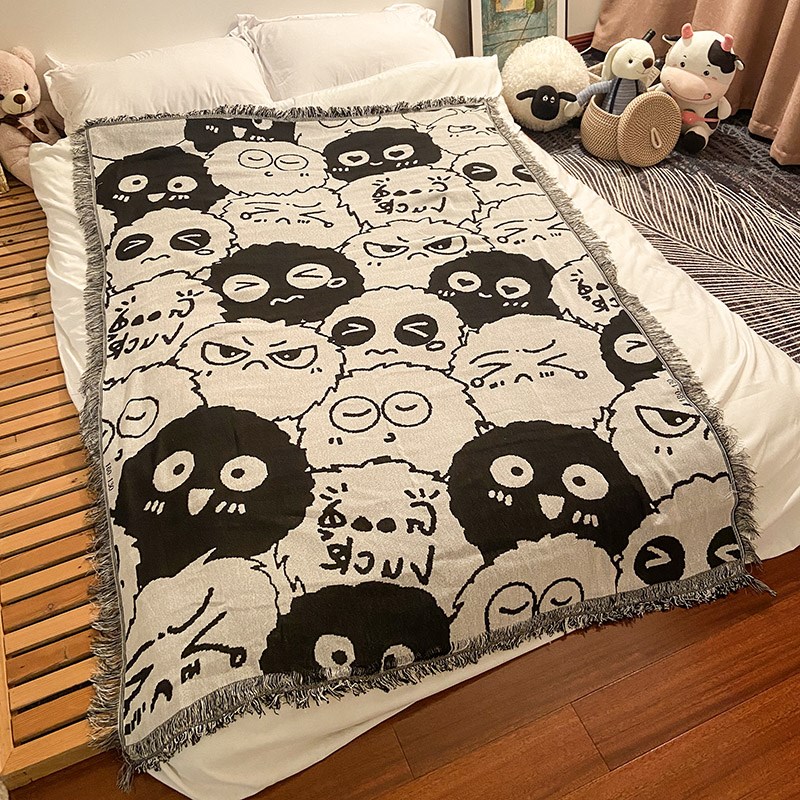 黑白小煤球小毯子床上用卡通动漫办公室J午睡毯沙发盖布毯休闲毛