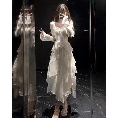 日系温柔风白色雪纺连衣裙仙女春夏气质绝美不规则生日小礼服裙女