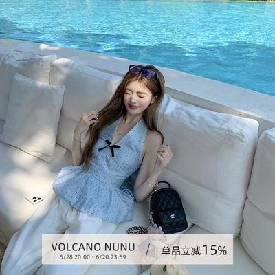 小火山努努 蓝色波点上衣修身显瘦花苞下摆挂脖上衣女夏无袖小衫