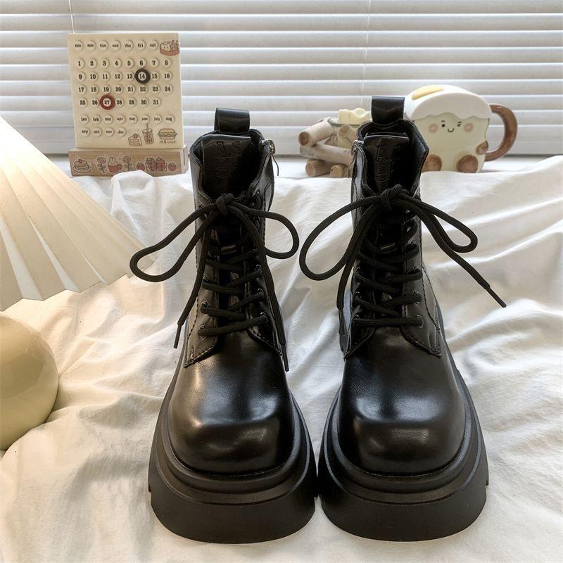 棕色英伦风机车短靴女2025秋季新款复古厚底增高美拉德中筒马丁靴