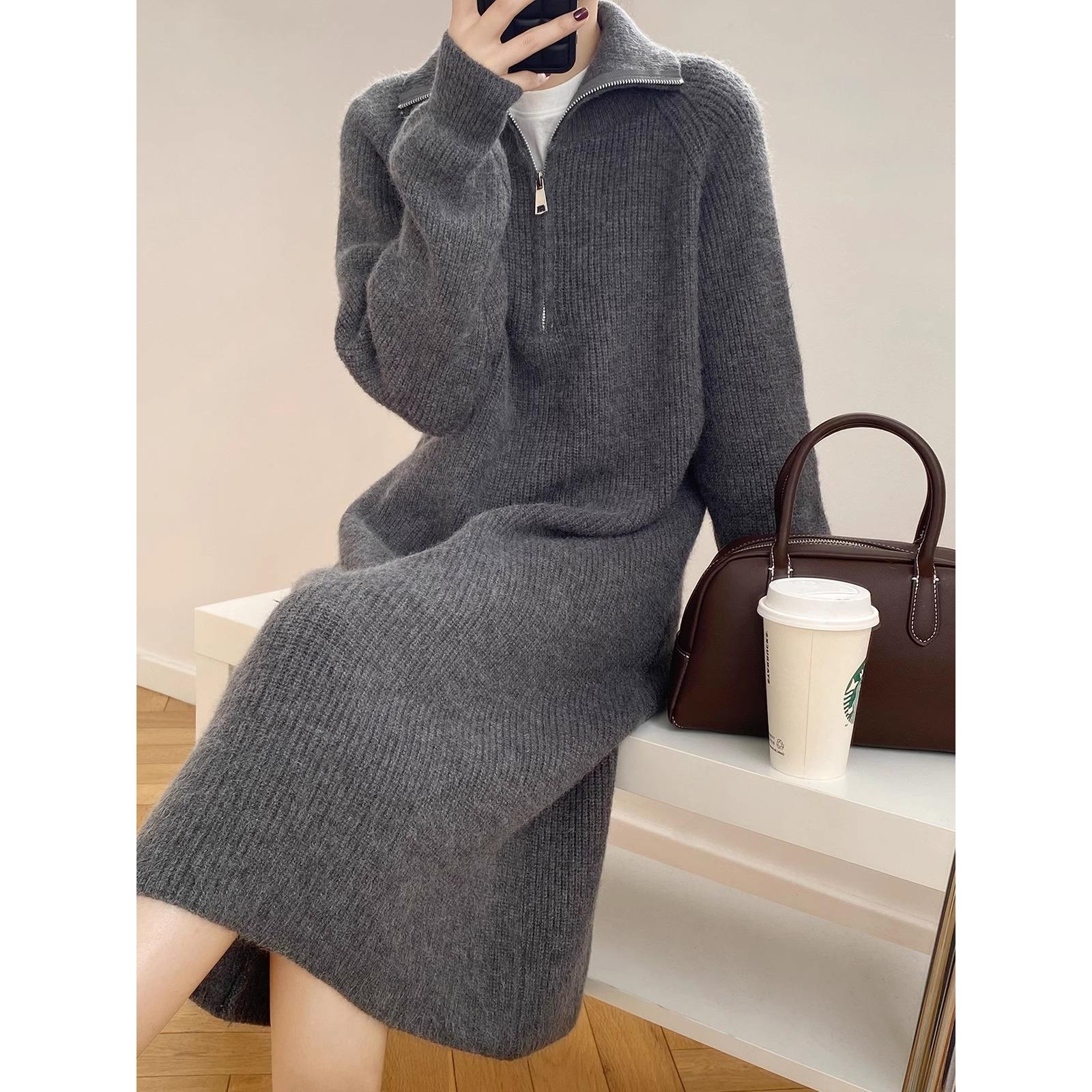 拉链翻领针织连衣裙女秋冬复古长款高领毛衣裙直筒加厚长袖打底裙