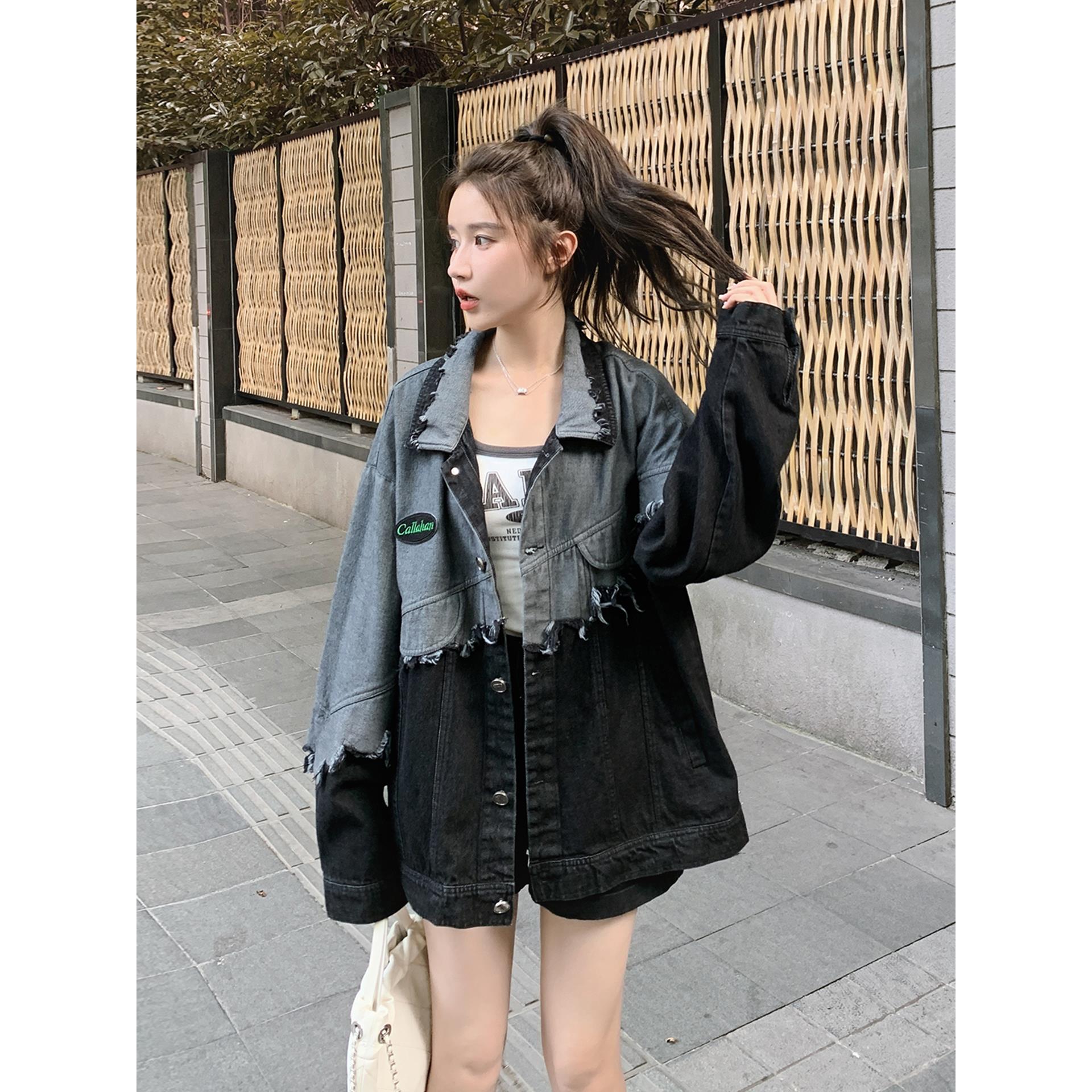 美式学院风黑色拼接牛仔外套女春秋2025新款高级小众休闲短款夹克