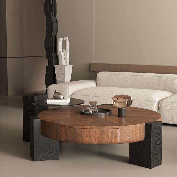 意式极简实木茶几组合客厅感设计师款圆形小户型个性茶桌家用