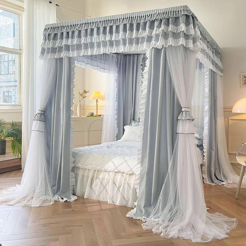 双横杆公主风蕾丝花边家用免安装不锈钢双轨三开门双层遮光落地床