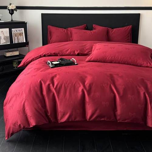 高端简约婚庆浪漫四季纯色全棉提花四件套亲肤柔软被套花卉床单