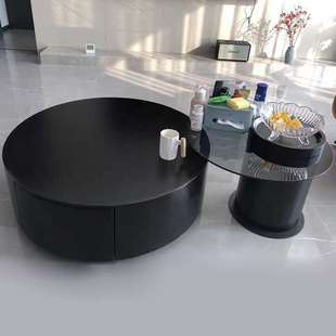 实木岩板圆形茶几钢化玻璃边几组合家用客厅意式极简约纯黑纯白色