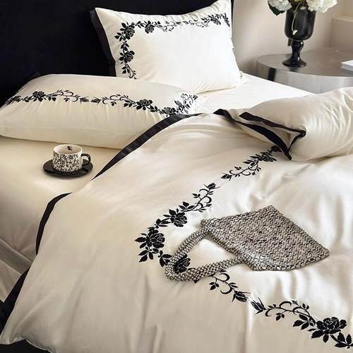 轻奢风100S双股长绒棉四件套简约刺绣绸缎拼边被套床单床上用品