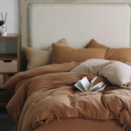 2024新款美拉德皱皱纱四件套纯棉水洗棉绑带款纯色床上被套双层纱