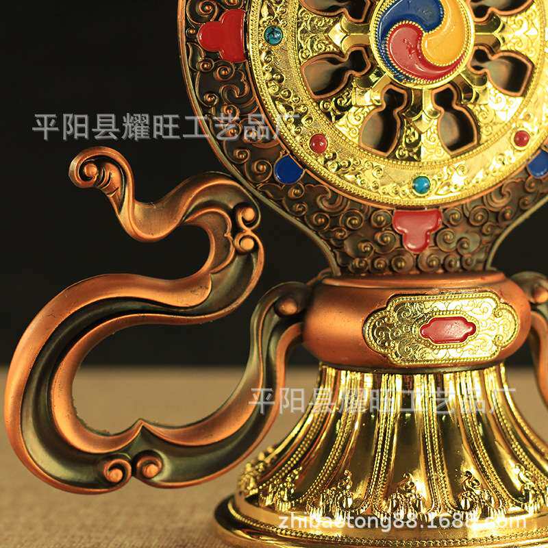 特大铜合金彩绘镀金双鹿法轮宝堂供具摆件法器小号