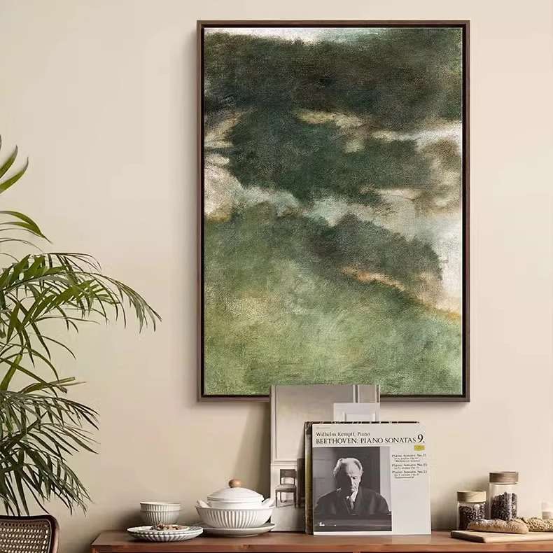 抽象简约绿色系装饰画客厅卧室别致艺术背景画玄关小众竖版挂画