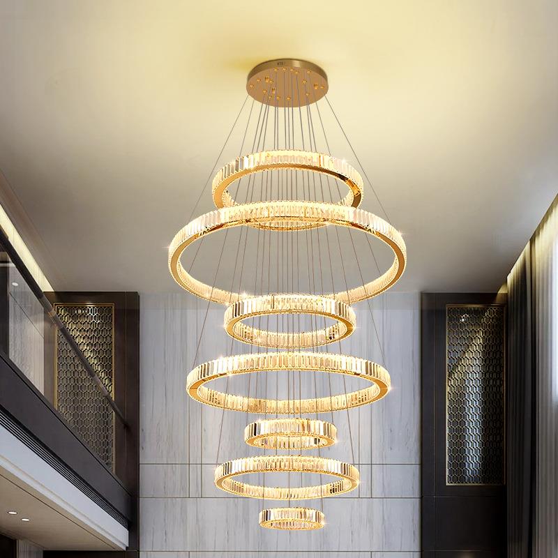 复式楼别墅客厅大吊灯LOFT公寓中楼挑空客厅灯轻奢水晶楼梯吊灯