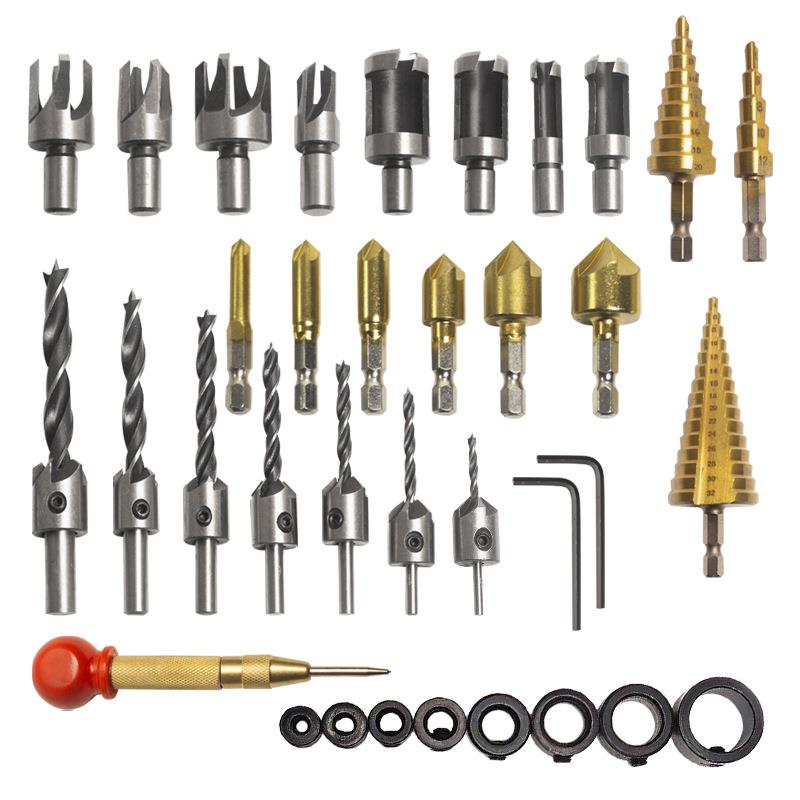 35件套8+1限位圈五刃倒角器木塞钻木工钻冲阶梯钻金色冲子宝塔钻L