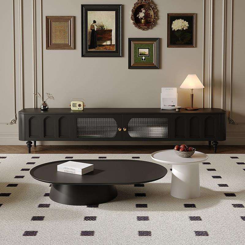 法式复古电视柜茶几组合现代简约客厅地柜实木黑色中古