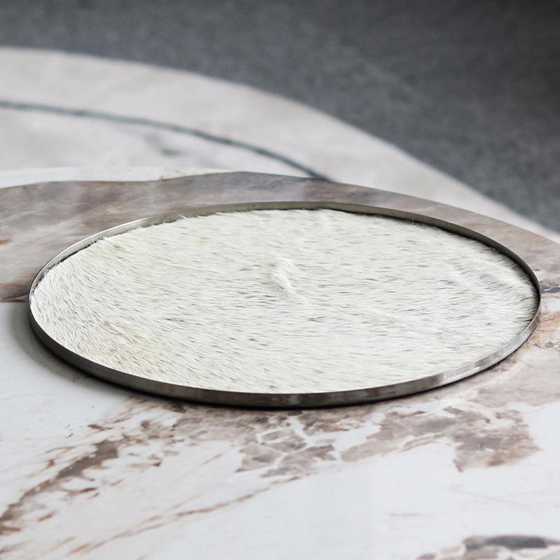 轻奢不锈钢收纳绒毛圆形托盘摆件客厅茶几样板间家居桌面软装饰品