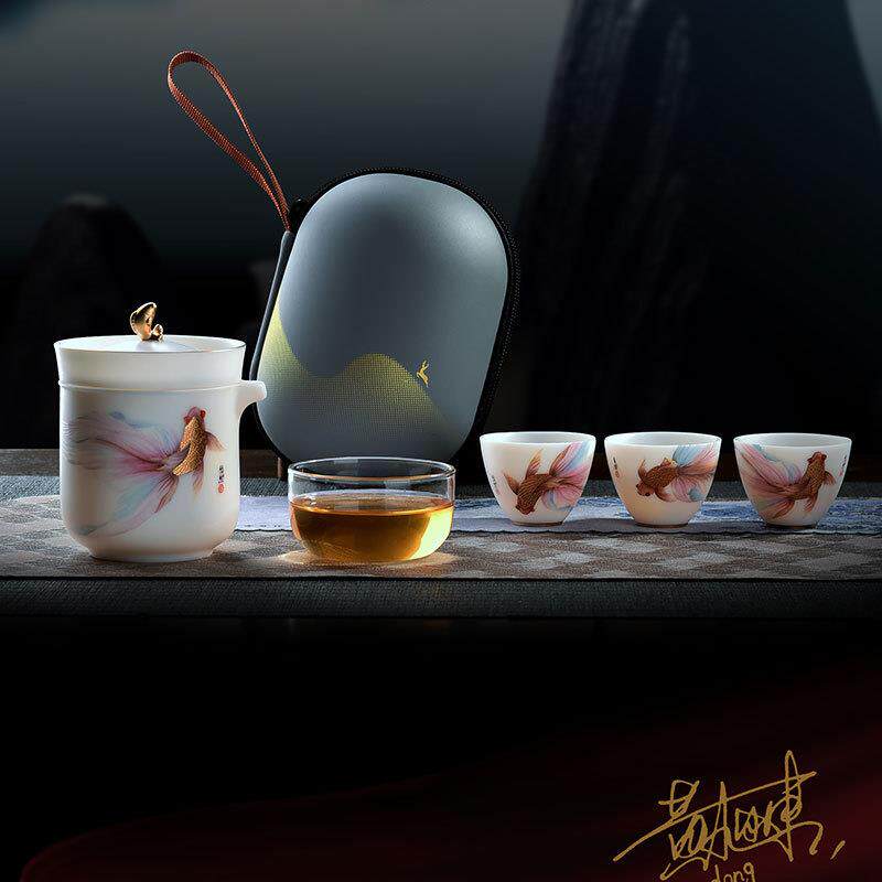 黄旭东悠然自得高端快客杯旅行茶具一壶3杯羊脂玉车载便携式茶具