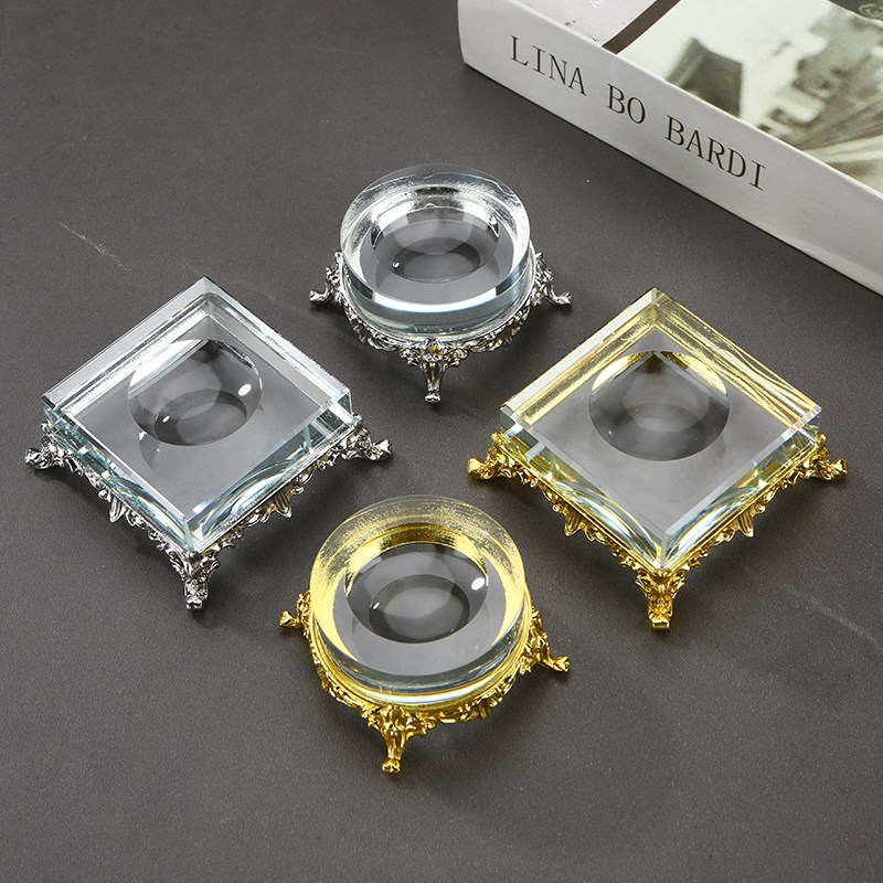 水晶球底座玻f璃透明底座圆球展示方块球形收纳摆件金属展示架凹