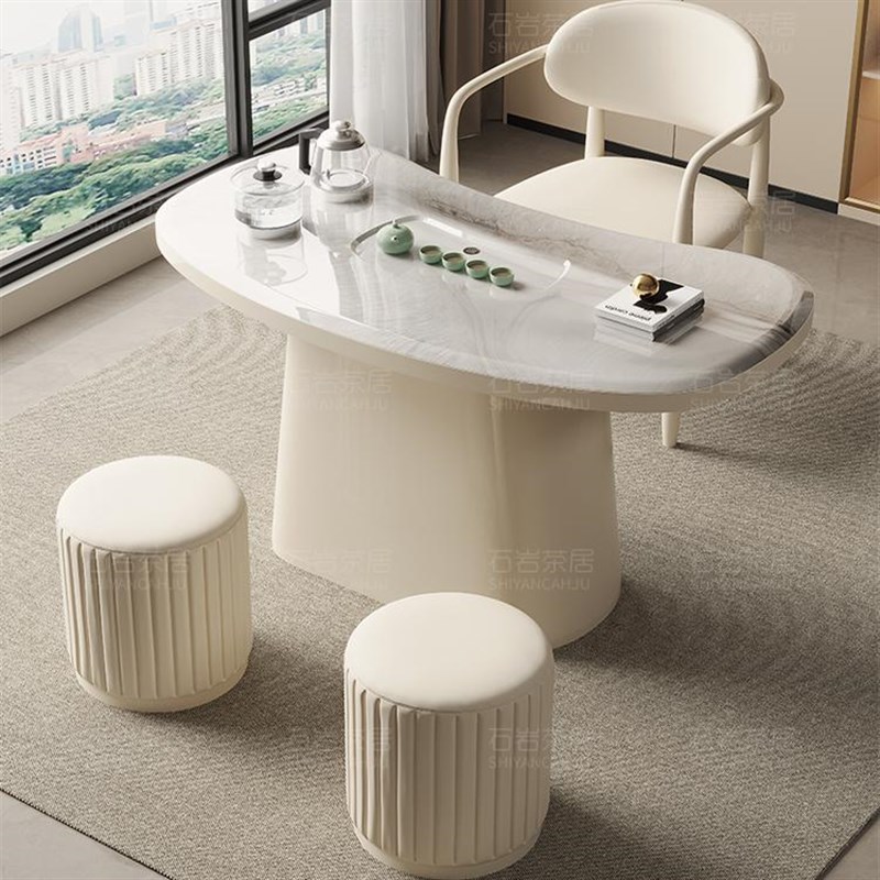 奶油风微晶石阳台茶桌椅组合现代简约家用N小户型茶台岩板泡茶桌