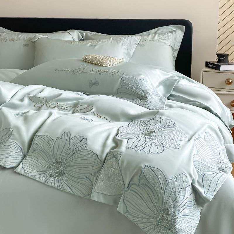 轻奢夏季冰丝四件套水洗天丝床单凉感丝滑裸睡床笠款刺绣被套床品