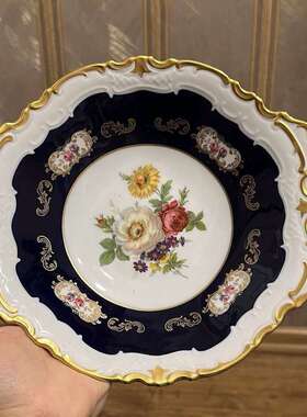 复古钴蓝色点心盘手工制作鎏金水果盘糖果盘餐具