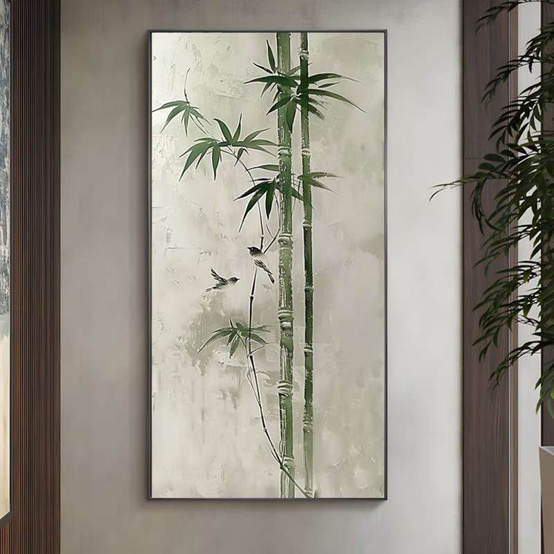 纯手绘油画竹子客厅茶室装饰画家居玄关新中式艺术画落地摆件花鸟