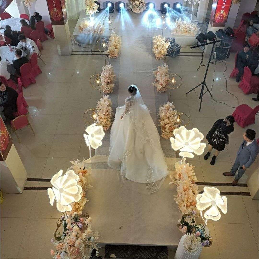 婚庆婚礼道具牡丹花发光路引灯蕾丝铁艺舞台场景装饰布艺背景