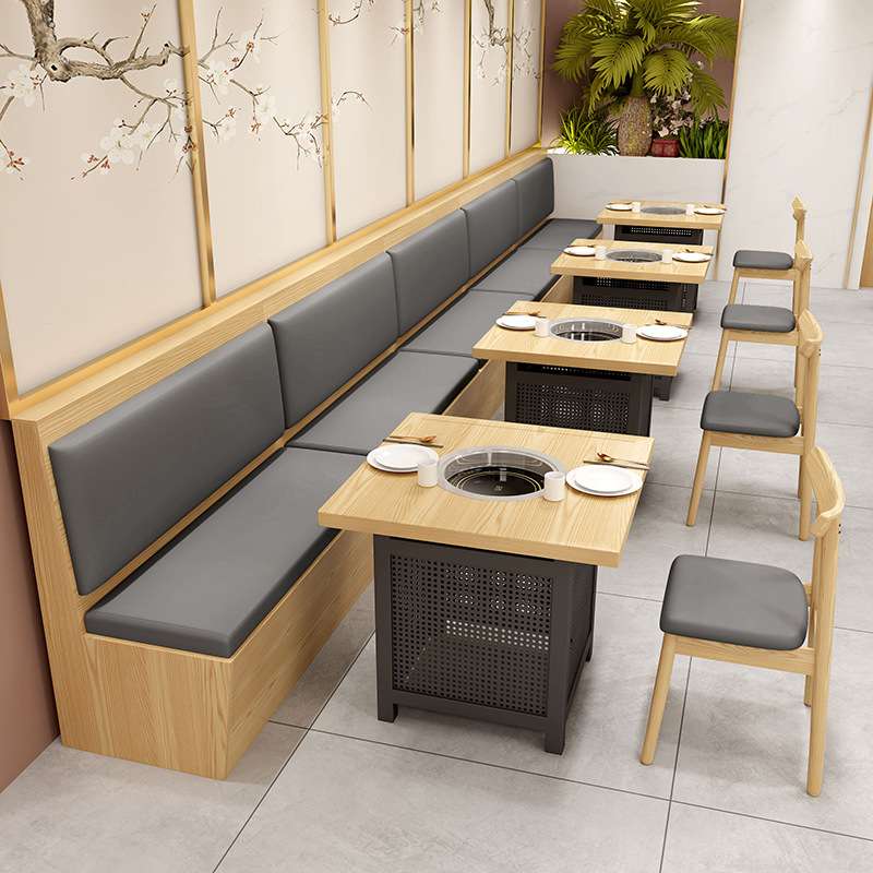 简约火锅桌电磁炉一体商用烤肉自助餐馆餐厅烧烤板式卡座桌椅组合