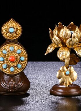 慧宝朵玛食子酥油花黄铜密宗桌面八供摆件鎏金食子朵玛彩珠镶嵌