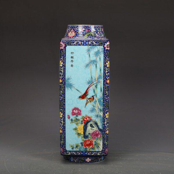 清乾隆瓷器绿地珐琅彩花鸟纹四方瓶仿古瓷器古董古玩旧货老货收藏