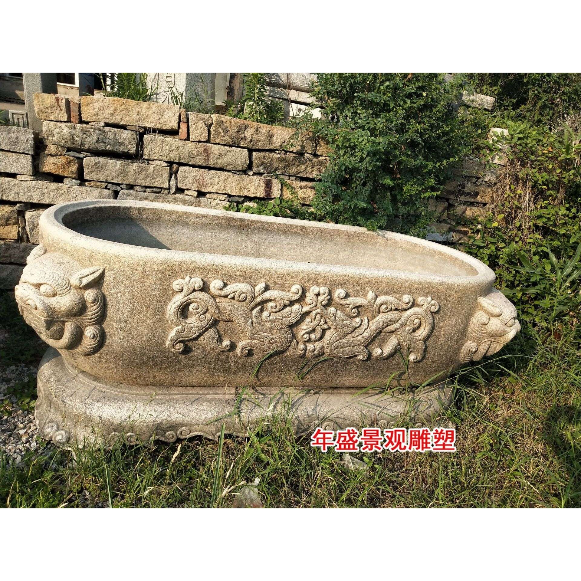中式仿古做旧石雕花盆 石材雕龙养鱼池 大理石鱼缸工艺品摆件