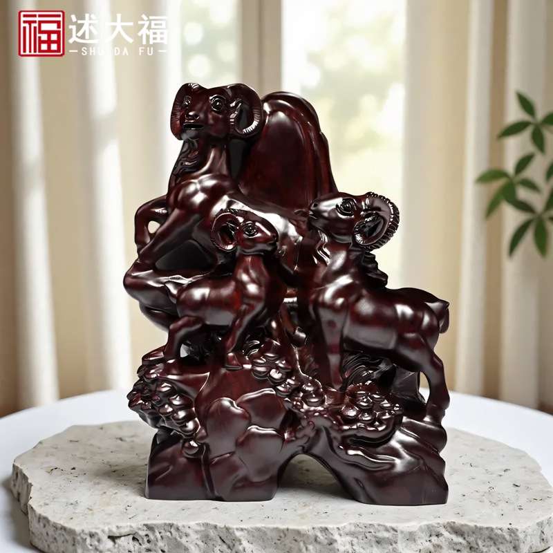 黑檀木雕三羊开泰摆件家居客厅电视柜玄关装饰木制三阳开泰工艺品