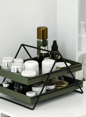 墨绿色双层文具架 桌面多功能架 抽屉推拉收纳盒 铁艺提篮收纳架
